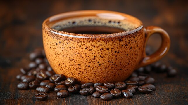 Dark coffee in a terracotta mug, surrounded by roasted beans - Powered by Adobe