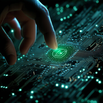 Homem tocando &iacute;cone de intelig&ecirc;ncia artificial em uma placa de circuito eletr&ocirc;nico. Conceito de IA generativa criando textos, documentos e ideias em ambiente digital abstrato