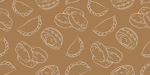 seamless vector pattern of white outline ukrainian syrniki and varenyky light brown background, repeating design cheese pancakes dumplings, traditional cuisine