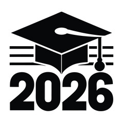 Graduation cap icon, Class of 2026 logo, Black and white design, Minimalist academic symbol, Square composition, Bold typography, Mortarboard silhouette, Achievement emblem, 