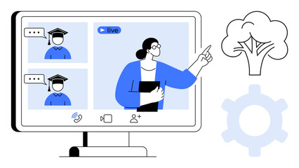 Online teacher interacts with students wearing graduation caps in live video call setup. Ideal for e-learning, distance education, webinars, knowledge sharing, teaching, virtual collaboration, flat