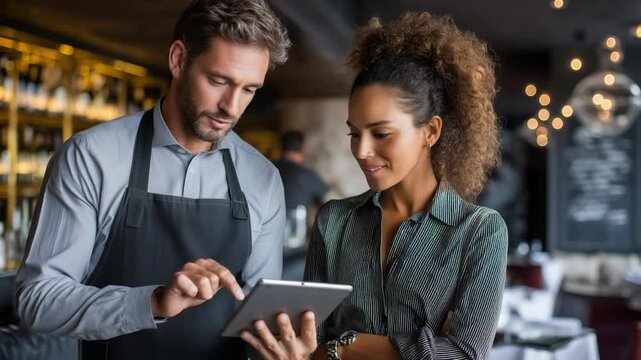 Restaurant staff using digital tablet for order management