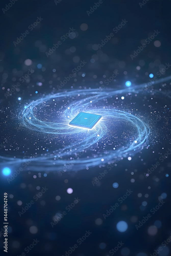 Poster Visual representation of a central processing unit within a cosmic swirl of energy and light in a dark void
