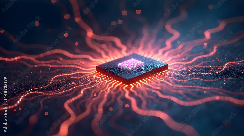 Poster Futuristic microchip with glowing connections on dark background during advanced technology display