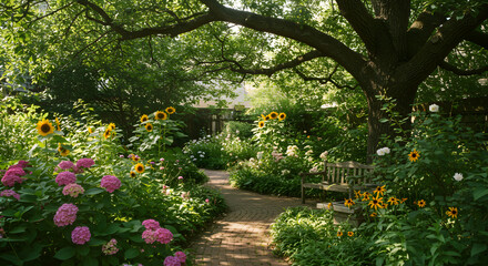Idyllic Garden Path with Blooming Flowers and Shady Tree Canopy