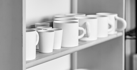 A black and white photograph of unfinished ceramic pieces in a cabinet in the workshop	