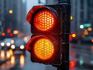 A close-up of a traffic light with red lights illuminated, rain drops, and blurry city lights in the background
