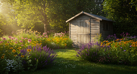 Sunlit Garden Shed Amidst Blooming Flowers At The Edge Of A Forest