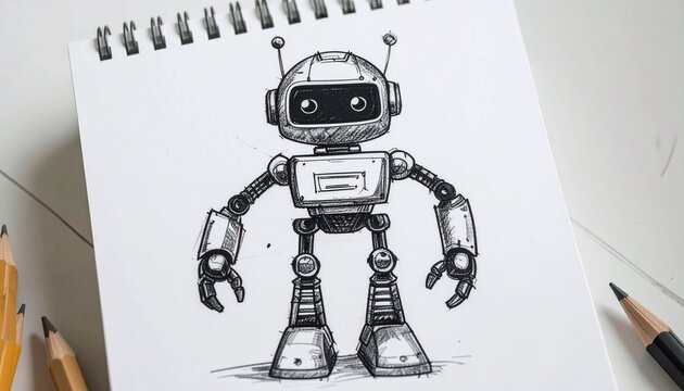 Robot character concept art drawn on spiral sketch pad, futuristic yet friendly design, hand-drawn feel with digital refinement