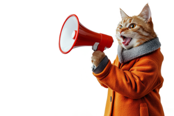  cat in an orange coat,hand holding a megaphone. Promotion, action, holiday, ad, job questions. Vacancy. Business discount concept, communication, information, news, team media	
