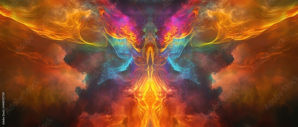 Poster symmetrical abstract nebula with vibrant colors and dynamic energy creating a mesmerizing celestial 