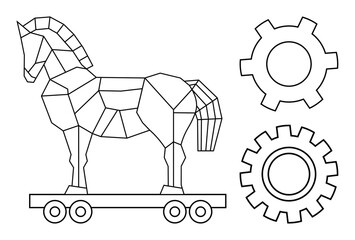 Geometric-style Trojan horse on wheels accompanied by two cogwheels. Ideal for innovation, strategy, cybersecurity, planning, problem-solving, technological concepts, simple landing page