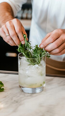 Bartender artfully garnishing a refreshing cocktail with fresh herbs for a perfect presentation