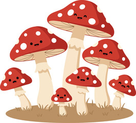 Group of red spotted mushrooms with white dots and cute faces vector illustration in natural scene 