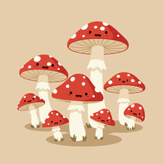 Red and white spotted mushrooms with cute faces vector illustration on beige background 