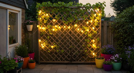 Illuminated Outdoor Retreat With String Lights And Lush Greenery At Dusk