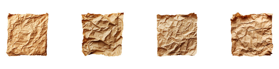 Obraz premium Set, group, collection of Square piece of crumpled brown craft paper isolated on transparent background.