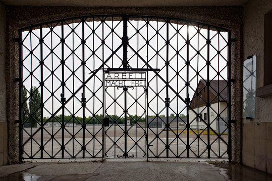 Dachau, Germany - August 2015: Gate at the entrance to concentration camp. Nazi slogan "Arbeit Macht Frei" - "Work makes one free"