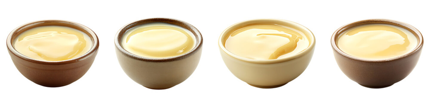 Set, group, collection of A bowl of condensed milk isolated on transparent background.