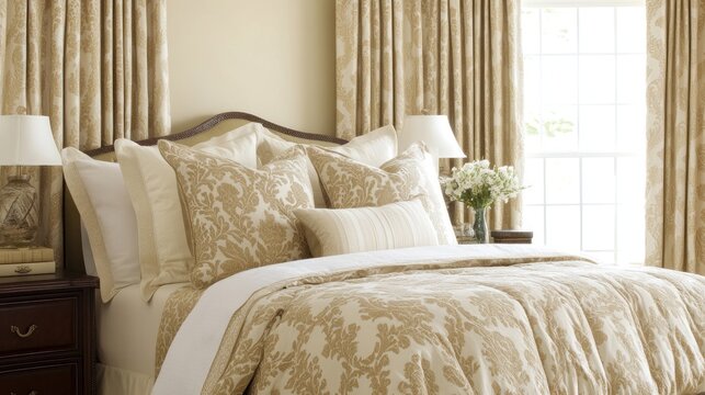 Luxurious bedroom interior with beige and cream bedding.