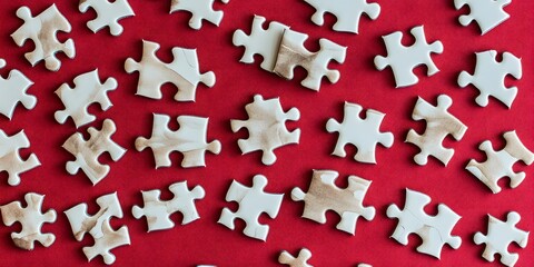 Scattered Jigsaw Puzzle Pieces on Red Background
