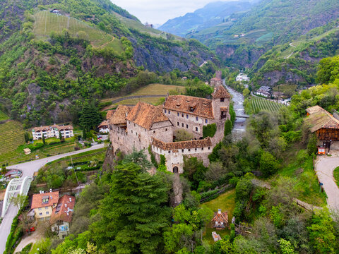 Aerial view of Castle Roncolo in Bolzano, Italy, South Tyrol
