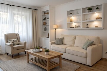 beautiful apartment, interior. Stylish scandinavian living room interior with design mint sofa, furnitures, mock up poster map, plants, and elegant personal accessories. Home decor.