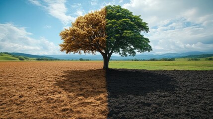 Obraz premium Divided tree, contrasting seasons, nature's duality