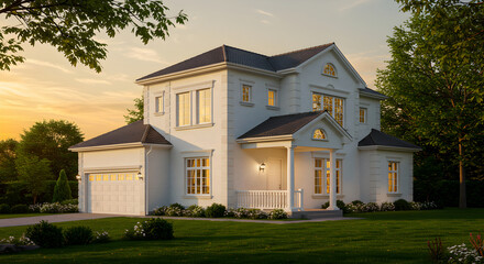 Fototapeta premium Elegant Two Story Family House With Beautifully Manicured Lawn