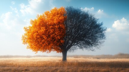Divided tree, vibrant autumnal half, somber winter half