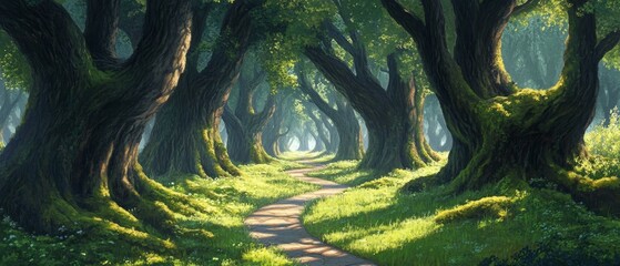 A path through a forest with trees on either side