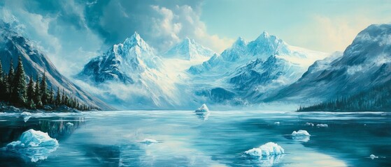 A painting of a snowy mountain range with a lake in the foreground