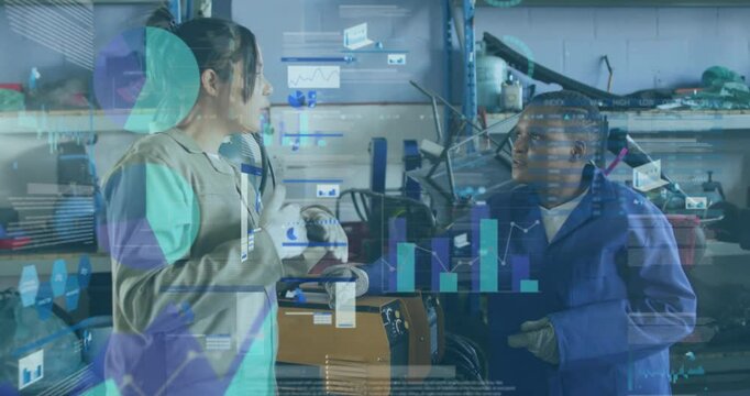 two female technicians studying welding process in factory, displaying holographic data overlays