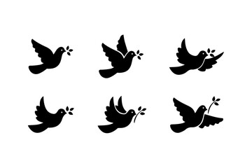Peace Dove Icons – Silhouette Set of Flying Doves with Olive Branch