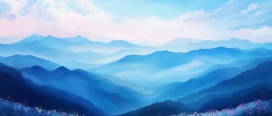 A painting of a mountain range with a blue sky