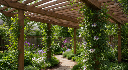 Tranquil Garden Retreat Underneath Wooden Pergola With Lush Foliage And Flowers