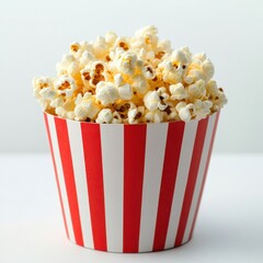 Delicious popcorn overflowing from a red and white striped bucket against a clean background creating a tempting and classic snack image perfect for movie night