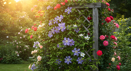 Beautiful Garden Pergola With Climbing Roses And Clematis In Summer