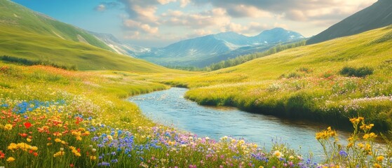 A beautiful, lush green field with a river running through it