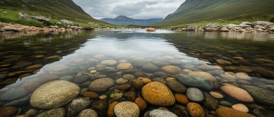 A river with a rocky bottom and a reflection of the mountains in the water