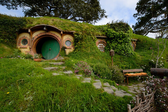 Matamata, New Zealand, September 2022: Famous Hobbiton movie set from the movies Lord of the Rings and The Hobbit