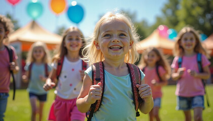 Happy children at outdoor charity event with balloons and activity tents


