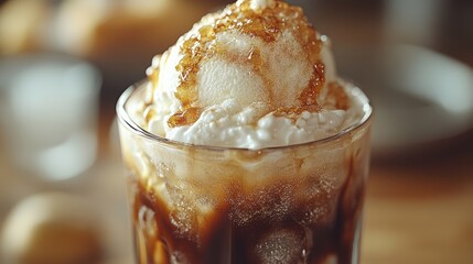 A close-up of a cold brew coffee float topped with a scoop of creamy vanilla ice cream. 