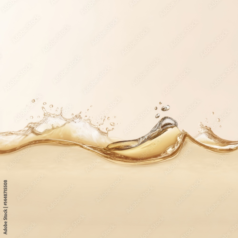 Poster elegant wave of golden liquid splashing against a soft beige backdrop creating a refreshing and dyna
