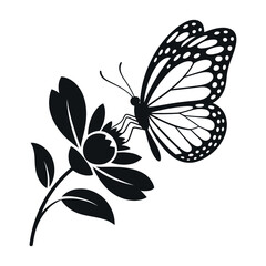 Black silhouette of butterfly perched on flower, nature and beauty design for transformation, spring, and wildlife themes