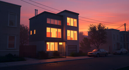 Picturesque Suburban Home At Twilight With Warm Interior Lighting Display