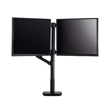 Dual monitor arm mount with adjustable arms. Isolated white background. Png format