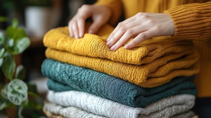 Organizing cozy knitwear collection at home stylish folding techniques in a welcoming environment