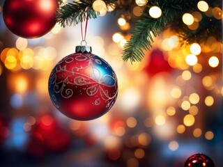 Fototapeta premium christmas tree with red balls and lights in a blurred background.