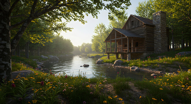 Secluded Log Cabin Nestled by Riverbank in a Lush Forest Setting